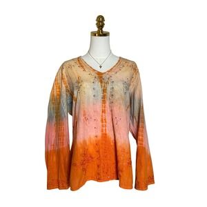 E.C. Designs Orange Pink Tie Dye Embroidered Beaded Cotton Tunic Top